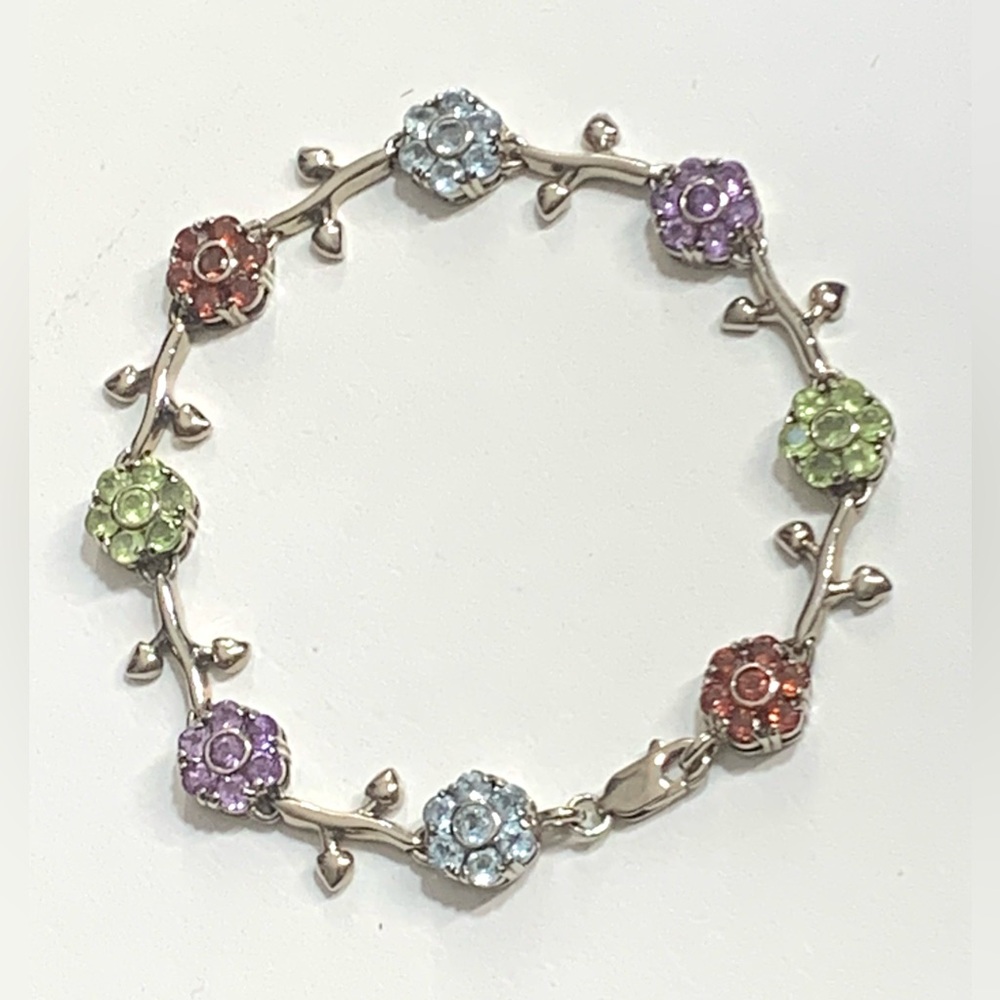 FACETED Vintage 925 Sterling Silver Multicolor Gemstone Flowers Bracelet - 7.1/2